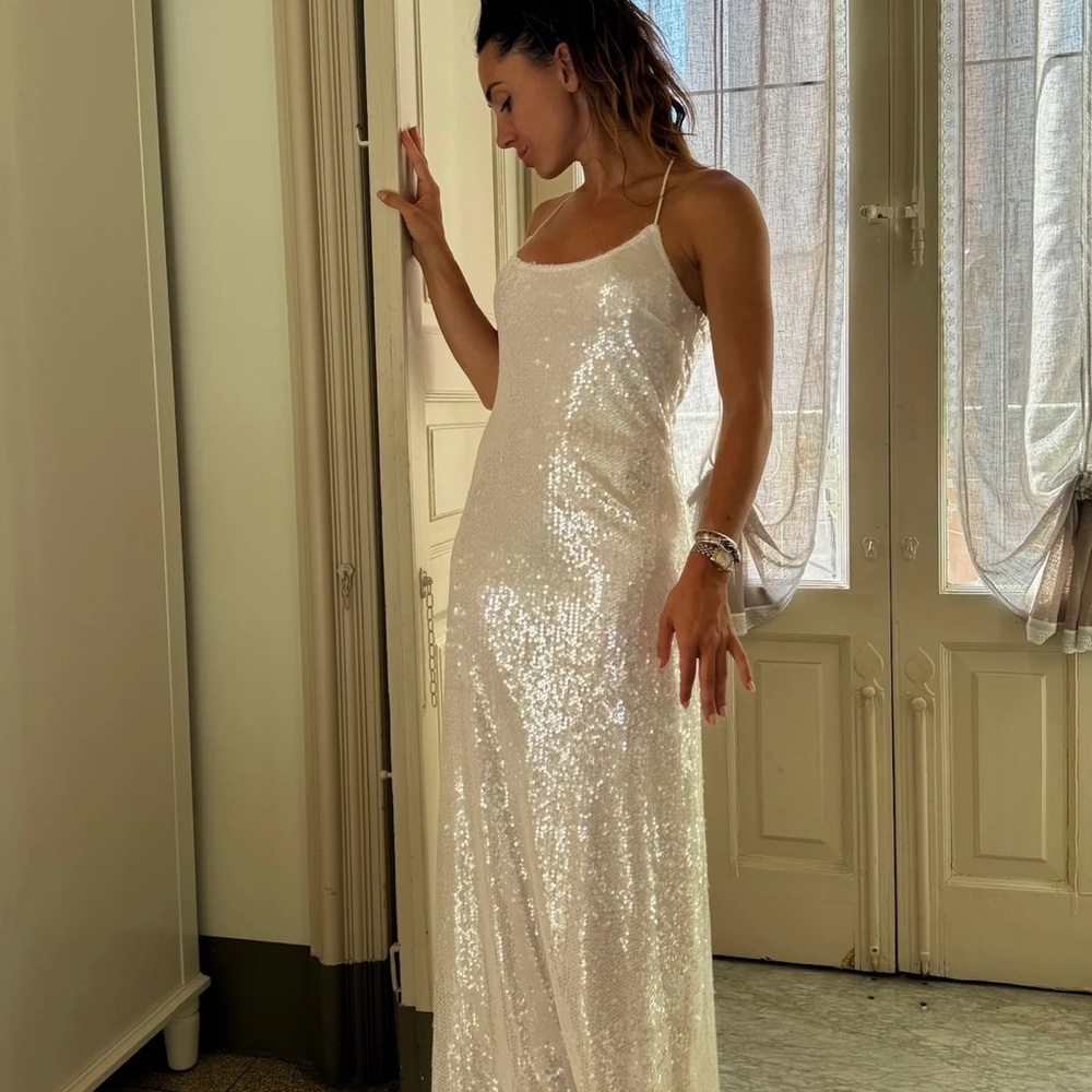 12th Tribe Gardenia White Sequin Maxi Dress